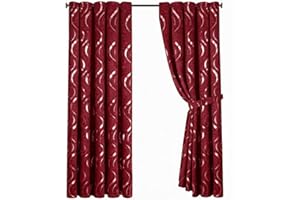 Opulent Dreams Room Darkening Curtains – Thermal Insulated Eyelet w/Tie Backs – Foil Printed Silver Wave Design – Energy Efficient Drapes for Bedroom – Set of 2 (Burgundy, 90" x 90" (228 x 228 cm))