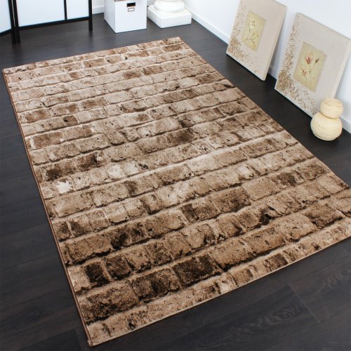 Edler Designer Teppich mit Steinwand Optik in Braun Beige Meliert, Grösse:80x150 cm