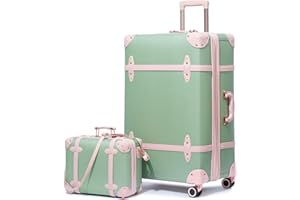 Urecity Lot de 4 valises de voyage vintage légères rétro en cuir rigide avec cadenas TSA et 8 roulettes (S-M-L-XL), Vert avec rose, S(14")+L(28"), Style vintage