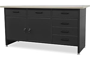 JAN NOWAK Banco de Trabajo con encimera Mesa de Trabajo con 6 cajones 2 Compartimentos Pies Regulables Encimera de MDF Capacidad de Carga hasta 500 kg Metal 170 cm x 60 cm x 85 cm (Negro)