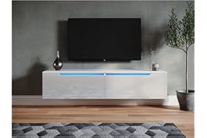 SONNI Mueble TV Suspendido Blanco Brillo con Luces 12 Colores,Mueble de Salón con LED Madera 2 Puertas Abatibles 140 cm
