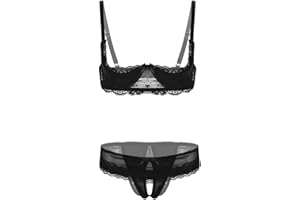 inlzdz Conjunto de Lencería Mujer Encaje Atractivo Sujetador 1/4 Taza + Tanga Sin Entrepierna Sexy Ropa Interior Camisón Perspectiva Ropa de Dormir Erótica