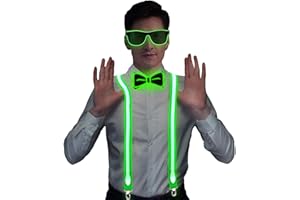 Hereneer 3 Stück LED-Leucht-Hosenträger, Leuchtende Herren-LED-Hosenträge, LED Rave Outfit 3er Set, Verdrahtet Neon Rave Brille, LED Fliege für Musik Festival, Partybrille, Karneval-Kostümparty (Grün)