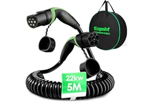 ‎ECOPOINT ECOPOINT Typ 2 Ladekabel Spiral 22kW 5M,E Auto Ladekabel 3 Phasig 32A für EV Elektroautos PHEV mit Tragetasche, Typ 2 auf Typ 2, Mennekes Mode 3 Spiralkabel Kompatibel mit Model 3/S/X/Y i3 ID.3 ID.4