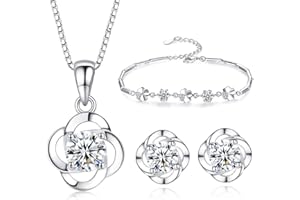 Kamise Parure Femme Argent Fin 925 avec Zirocon Cubique Blanc, Ensemble de Boucles d'oreilles & Collier & Bracelet en Forme de Trèfle, Chaîne Pendentif Hypoallergénique, Mariage Anniversaire Cadeau