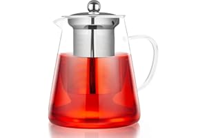 Spring Chef Heat-Resistant Borosilicate Glass Strainer Teapot, 950ML/33.43OZ Round Glass Teapot with Infuser, Removable Infuser Tea Pot Handmade