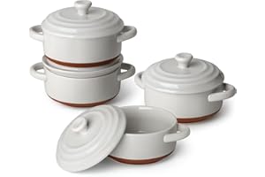 MALACASA Série TARA.BAKE, Mini Cocottes avec Couvercles en Porcelaine, Petits Ramequins 440ml Individuelles, Plats à Four Rondes avec Poignées 4 Pièces pour Soufflé, Crème Brûlée, Gâteau, Lasagnes