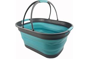 SAMMART 38L zusammenklappbarer Wäschekorb aus Kunststoff – ovale Wanne/Korb – Faltbarer Aufbewahrungsbehälter-tragbare Waschwanne – platzsparender Wäschekorb (Grau/Kristallblau)