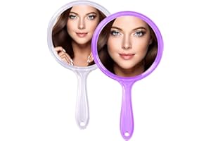 QLFJ-FurDec 2 Stücke Handspiegel mit Griff Doppelseitiger Handspiegel 1X/3X Vergrößerung, Transparenter Tragbar Reisespiegel mit Vergrößerung, Runden Make-up-Spiegel für Kinder Frauen (Weiß + Lila)