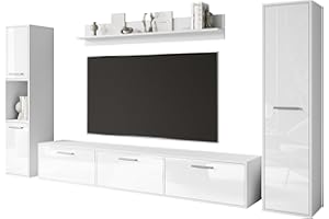 MINIO GO FOR IT MINIO - Wall Unit 4-Piece Toga, Living Room Furniture Set, 1x TV Unit, 2x High Cabinet, 1x Wall Shelf, Living Room Unit, Living Room Set - Colour White Matt/White High Gloss