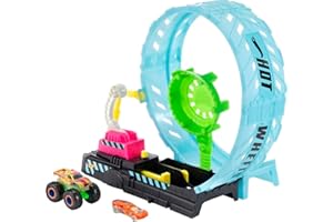 Hot Wheels Monster Trucks Coffret Défi Looping Phosphorescent avec lanceur, 1 voiture Monster Truck et 1 voiture 1:64 incluses, jouet enfant, HBN02