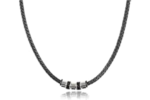 David Galvani Herren-Kette mit Bead-Anhänger aus Edelstahl, Halskette für Herren, Edelstahl, Kugel, Lederkette,Leder geflochten