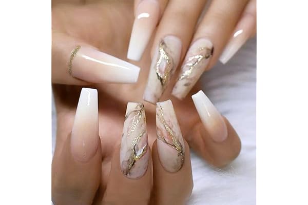JUSTOTRY 24 Pièces Marble Faux Ongles Long, Gold Swirl French Press on Nails, Pretty Coffin Faux Ongle avec Colle Pour Femme et Fille, Ballerine Faux Ongles à Coller Moyen Nail Art
