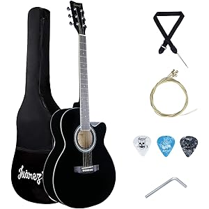 Juarez JRZ40C/BK 40-Inch Cutaway Acoustic Guitar with Dual Action Truss Rod, Gigbag, Picks, String Set, Strap - Black