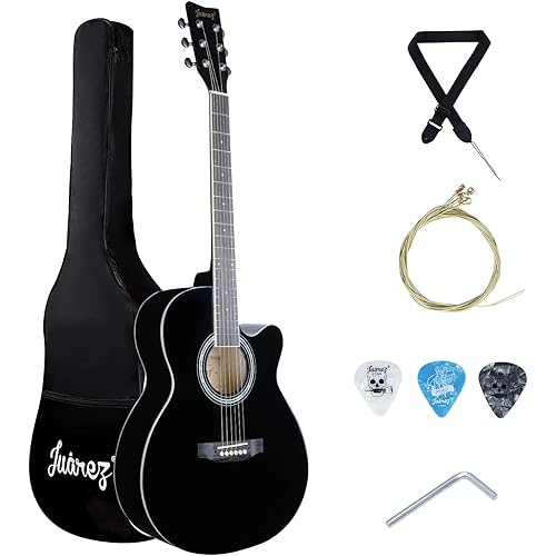 Juarez JRZ40C/BK 40-Inch Cutaway Acoustic Guitar with Dual Action Truss Rod, Gigbag, Picks, String Set, Strap - Black