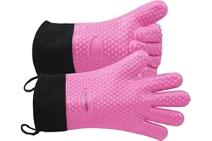 GEEKHOM Silicone Oven Gloves Heat Resistant Silicone Oven Mitts BBQ Gloves Waterproof Kitchen Gloves, BBQ Accessories for Barbecue Grilling Microwave, Non-Slip Oven Gloves with Fingers, Pink