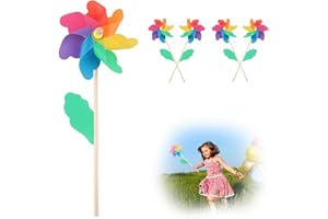 Girandola a Vento, Dwafill 4 Girandole Bambini, Palo In Legno 40 Cm, Foglie Vento Colorate, Segnavento da Giardino, per Spiaggia, Parco, Campeggio, Balcone, Estate (4)
