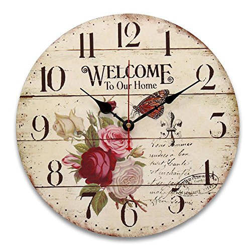 Rose Blume Wanduhr Tisch - SODIAL(R)Rose Blume Schmetterling englische Alphabet rundes Holz-Wanduhr Tisch