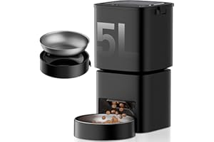 DUDUPET Distributeur Automatique de Croquettes pour Chat et Chien, Capacité 5L, Mangeoire Programmable 1 à 10 Repas par Jour, avec Bol en Acier Inoxydable et Boîte à Dessiccant