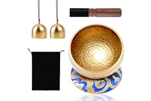 HIQE-FL Cuenco Tibetano Nepal,Juego De Cuencos Tibetanos,Martillos de Madera,Bolsas de Tela,Almohadillas de Seda y 2 Campanas de Bronce,Cuenco Tibetano(6PCS)