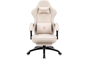 Dowinx Chaise de Jeu avec Coussin de Printemps, Chaise de Jeu de Course avec Support Lombaire de Massage, Fauteuil de Jeu Ergonomique avec Repose-Pieds, Chaise de Bureau en Cuir synthétique Blanc