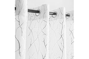 Kotile Tree Voile Curtains 90 Drop - White Sheer Curtains Printed Silver Tree Branch Pattern Privacy Eyelet Voile Curtain for Bedroom, 46 x 90 Drop, White Silver, 1 Pair (2 PCs)