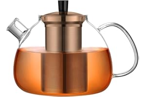 ecooe Théière en Verre avec Infuseur 1500ml, Théière en Verre Clair Résistant à la Chaleur, Theiere Verre avec Infuseur Amovible en Acier Inoxydable(Couleur cuivre), pour Thé Noir Thé Vert Thé Parfumé
