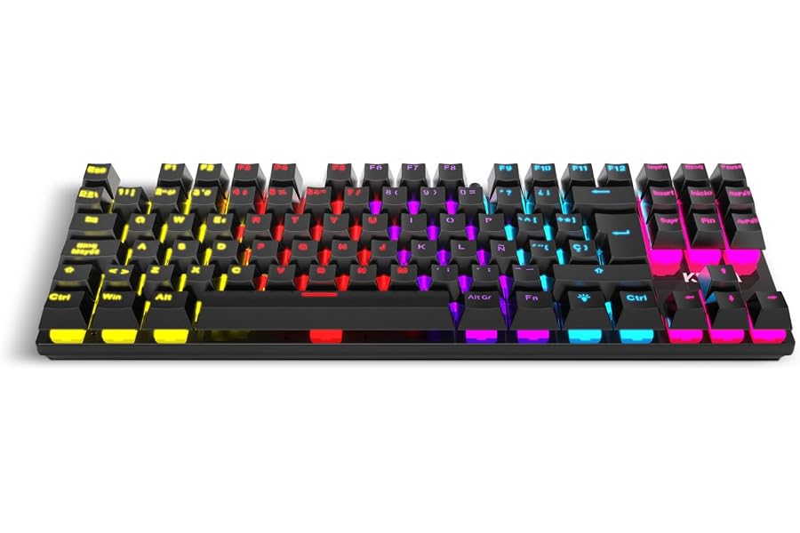KROM KASIC TKL – Teclado mecánico Gaming RGB tenkeyless con Layout español, switches Rojos, retroiluminación Rainbow, 25 Tecl