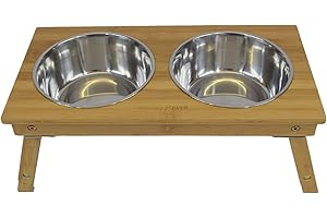 Bramley Power Elevated Adjustable Height Raised Bamboo Dog Pet Feeding Station Stand (Large)