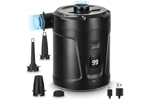 AZYVUM Pompe à air électrique, Gonfleur Dégonfleur Électrique, Batterie Rechargeable 5200 mAh, Gonfleur Matelas Gonflable avec 3 Buses d'air, Gonfleurs Rapide pour Bateau Pneumatique/Matelas Pneumatique