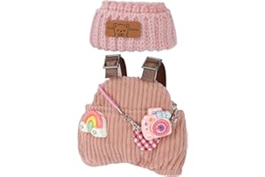 AOOTE Vêtements de Poupée en Peluche de 17 cm, Vêtements pour Poupée 17cm, 1 Salopette, 1 Bonnet en Laine, 1 Appareil Photo Rose, Vêtements pour Poupée La Vetement 17 cm Peluche (sans Poupée)