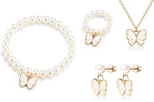 VYYU Girls Jewellery Set of 4 - Beautiful Pearl Earrings/Rings/Bracelet/Necklace for Kids, Cute Butterfly Charm Jewellery Gift for Little Girls, Christmas Birthday Gifts for Daughter Niece