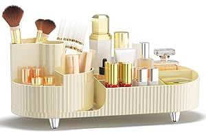 Feibrand Makeup Organiser Cosmetics Organiser,Makeup Storage with 360-Degree Spinning Makeup Brush Holder Skincare Organiser Makeup Organiser Storage for Dressing Table Bathroom, White