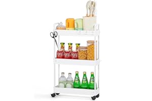 FoiiLiio Rollwagen Schmal,Küchenwagen mit 3 Ebenen,Nischenregal auf Rollen,Küchenregal,Nischenregal,Küchenwagen schmal,für kleine Räume,Küche,Bad,38.8 x 12.5 x 65 cm,Weiß