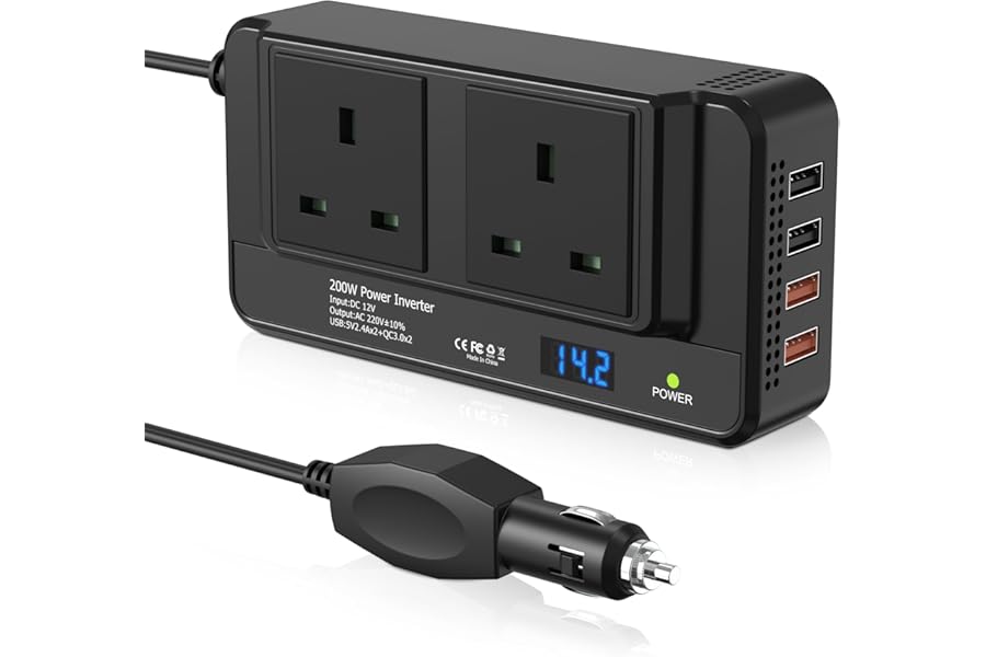 200W Car Voltage Converter Inverter DC 12V to AC 230V with 2 Sockets and 4 USB Ports Fast Charging Car Charger with Cigarette Lighter Plug for Business Trips and Vacation