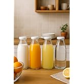 4 Adet Beyaz Plastik Kapaklı Cam Şişe 1 Litre Şeffaf S&uuml;rahi S&uuml;t, Ayran, Su, Limonata Meşrubat Şişesi