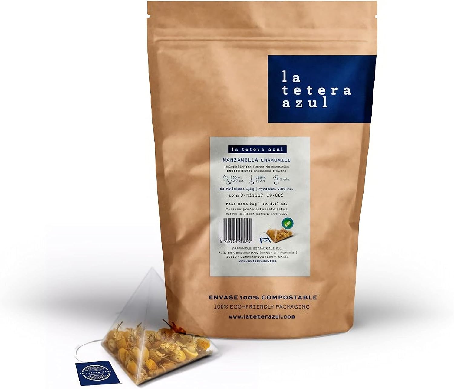 LA TETERA AZUL Infusión De Manzanilla Premium, Pura, Limpia, Sin Hojas Ni Tallos. 60 Pirámides. Infusión Digestiva Y Alivio Gases. Bolsa De 60 Pirámides.