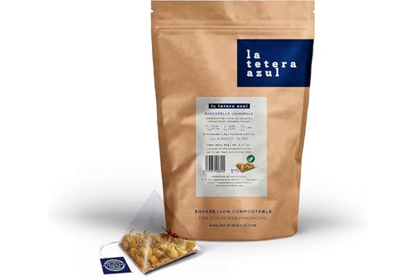 LA TETERA AZUL Infusión De Manzanilla Premium, Pura, Limpia, Sin Hojas Ni Tallos. 60 Pirámides. Infusión Digestiva Y Alivio Gases. Bolsa De 60 Pirámides.
