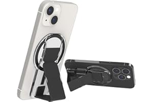 CLCKR Support Compact de Prise en Main de Portable Compatible avec Les Séries MagSafe iPhone 14, 13, Béquille Magnétique Amovible avec Sangle pour Les Doigts, Aimant de Force 3500G, Noir Transparent