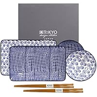 TOKYO design studio, Le Bleu De Nimes, Juego con 2 Platos + 2 Cuencos + 2 Palillos, 6 Piezas, Porcelana