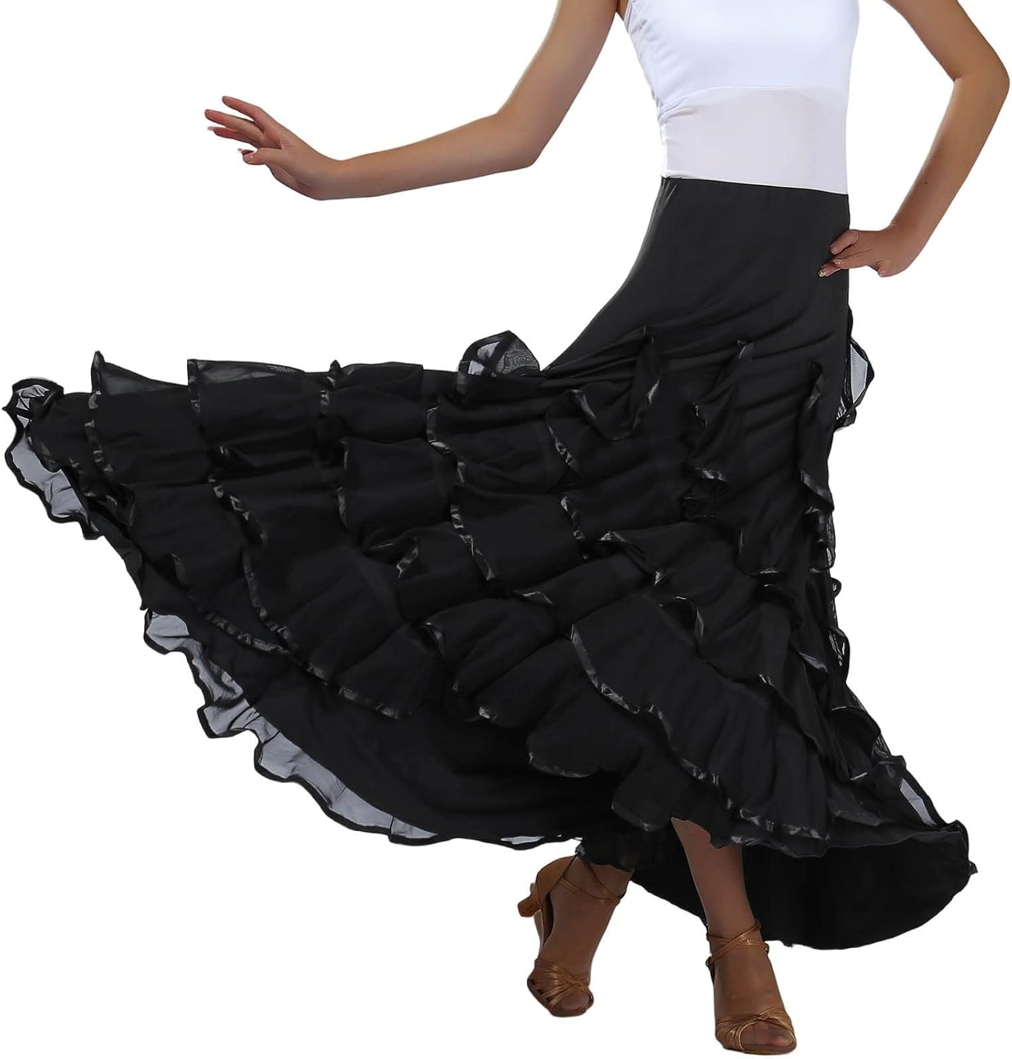 POIUIYQA Falda de Baile Sevillanas Mujer con Volantes Amplios, Falda Flamenca Tradicional para Feria de Abril