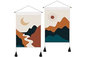 EXQULEG 2 sztuki ozdoba na ścianę, księżyc i słońce, frędzle, gobelin, naturalny krajobraz, styl boho, dekoracja ścienna do sypialni