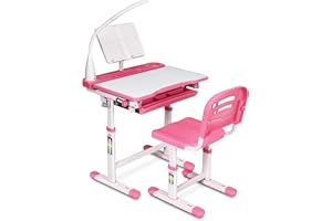 ‎COSTWAY COSTWAY Kinderschreibtisch höhenverstellbar, Schülerschreibtisch mit Lampe, Kindermöbel neigungsverstellbar, Kindertisch mit Stuhl, Schreibtisch mit Schublade, Farbewahl (Hellrosa)