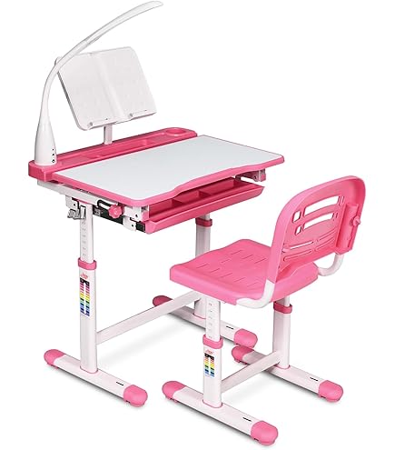 COSTWAY Kinderbureau met stoel, kinderbureau van hout met planken, laden en kast, bureau voor tieners voor kinderkamer, leertafel voor jongens, meisjes vanaf 3 jaar (Roze