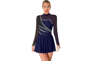 TTAO Damen Eiskunstlauf Kleid Glitzer Langarm Rollschuhkleid Ballett Trikotanzug Tanz Leotard Ballettanzug Trikot Body Eislaufen Wettkämpfe Bekleidung