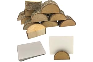 Aisamco 20 Pcs Rustic Wood Place Card Holders Wooden Bark Memo Holder Stand Card Photo Picture Note Clip Holders with 30 Pcs Kraft Place Cards for Wedding Party Table Number Sign