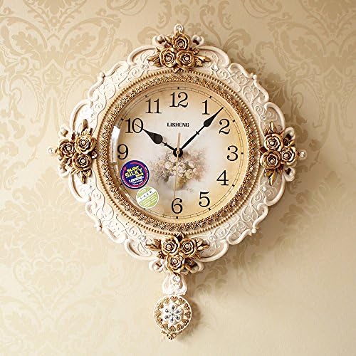 KKLOCK Wall Clock Mute Suzuki Movement Sweep Slient for Living Room Bedroom Kitchen AA Battery Modern European White Retro with Pendulum and Arabic numerals 18 Inch (Battery not included)