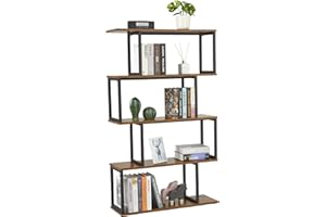 MONDEER Meerveil Regał na książki, regał stojący z 4 poziomami, drewniany regał w kształcie litery S, wzornictwo przemysłowe, 74 x 24 x 128 cm, brązowy H1070LS04RT