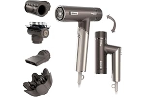 Shark sèche-cheveux SpeedStyle Pro FLEX ultra-performant et ultra-rapide, 4 embouts de coiffage, léger, ionique, sans dommage thermique, poignée pliable, tous types de cheveux, Moka Argent HD542EU