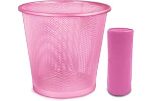 EUROXANTY Papelera de rejilla + Bolsa basura | Papelera de oficina | Papelera de metal | Rejilla para ventilar | Papelera 10L | Pack 15 bolsas | Rosa